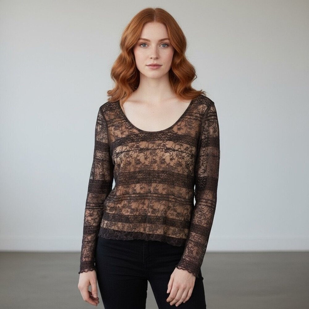 Worth Black Stretch Lace Long Sleeve Top with Sequin Trim – Size M